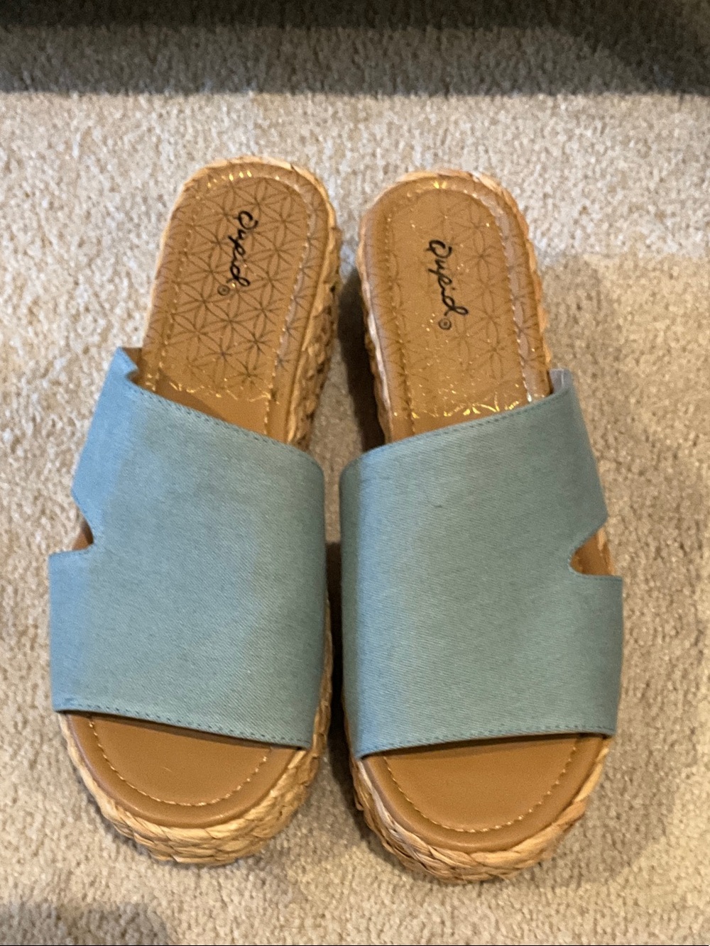 Qupid Light Blue Espadrille Wedge Slide Sandals